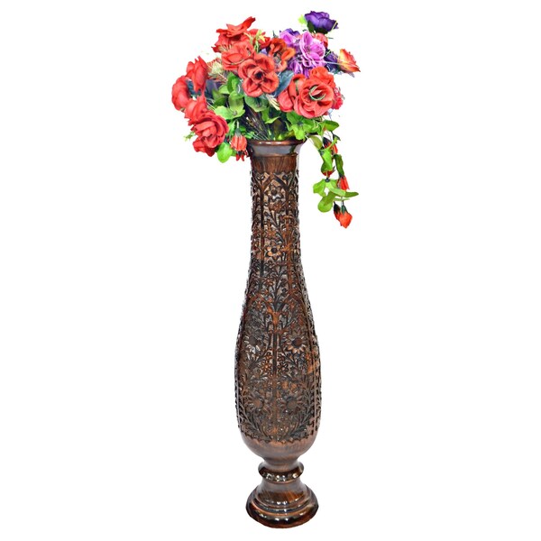 Uniquewise Antique Decorative Hand Curved Brown Mango Wood Floor Flower Vase Trumpet Design QI004012 - main